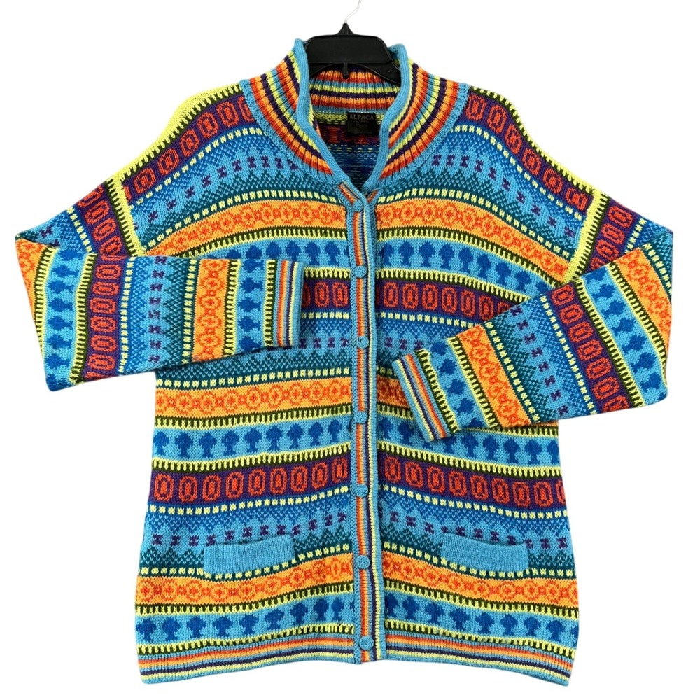 Vintage 90s Alpaca 100% Cardigan W L Fair Isle Geometric Mock Neck Winter Wear